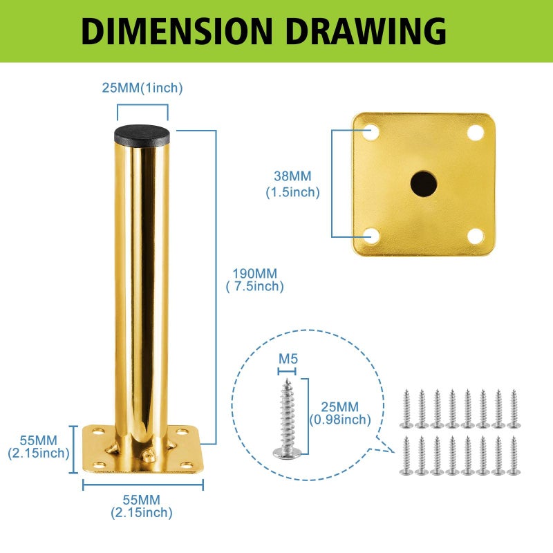 Masendelk Gold Furniture Legs 7.5 Inch / 190mm, 4pcs Modern Sofa Legs Cabinet Replacement Legs, Heavy Duty Metal Legs with Mounting Screw for Furniture Couch Sofa TV Cabinet Dresser Desk Risers - Image 4